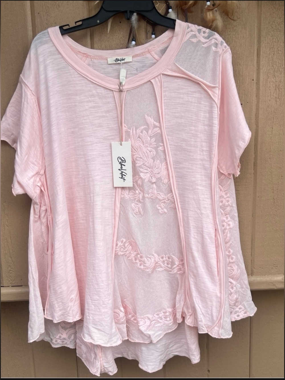 NWT Blue Velvet Shirt Dress Light Pink With Lace Frayed Boho , Oversized M/L/XL